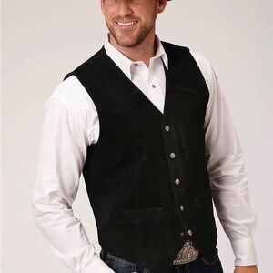 Western Frontier Men's Black Leather Vest Sz L